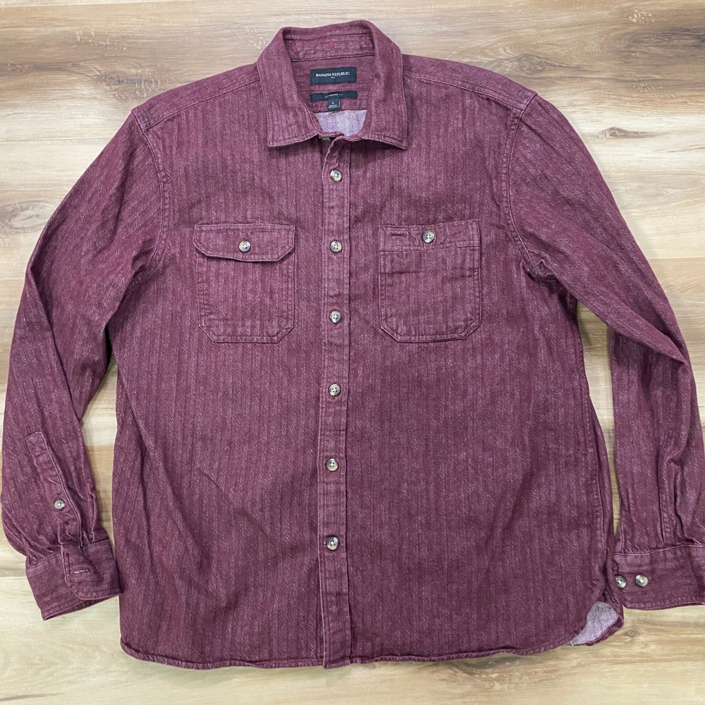 Banana Republic Denim Shirt Large Herringbone Cotton Standard Fit Burgundy